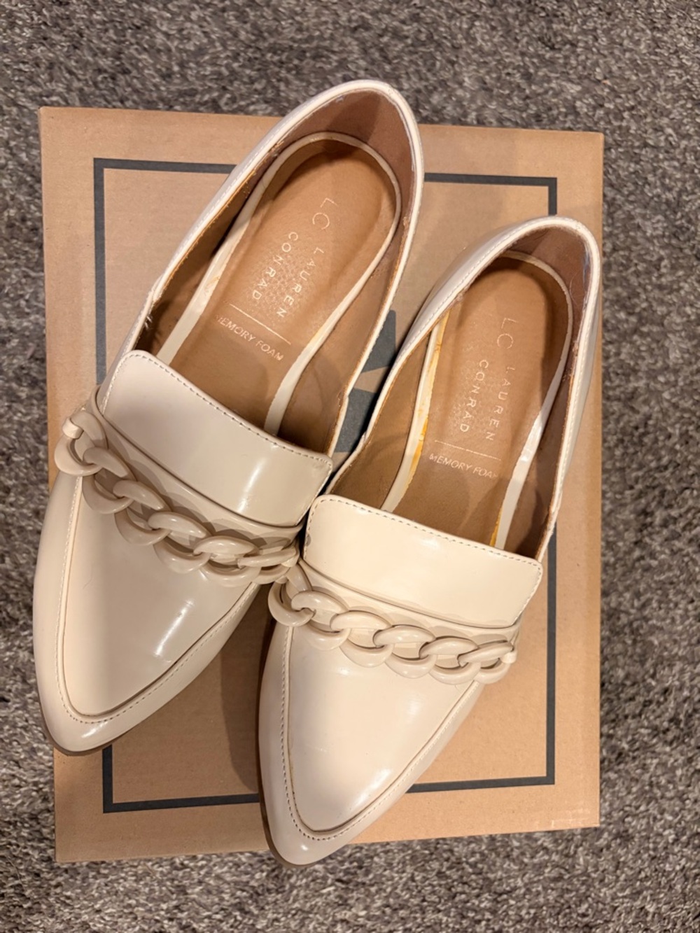LC Lauren Conrad Cream Patent Chain-Trim Pointed Flats